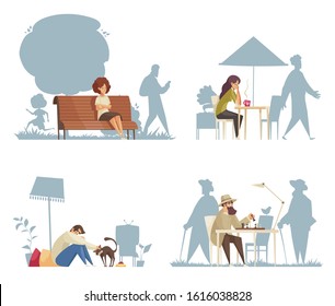 Cartoon compositions with lonely sad people sitting at cafe on bench playing chess stroking cats isolated vector illustration