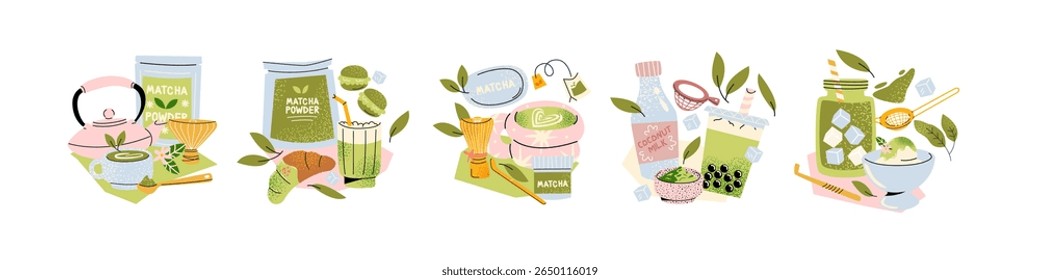 Cartoon compositions of matcha green tea. Fresh drink, ceramic cup, teapot, brewing pot. Hand drawn vector doodles depicting traditional Japanese tea ceremony.	
