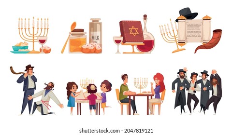 Cartoon compositions set with happy jewish people celebrating hanukkah various holiday symbols and items isolated vector illustration