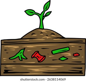 Cartoon compost cross-section with sprouting plant and organic waste