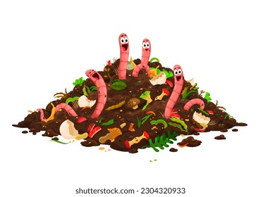 Cartoon compost worm characters in soil. Isolated vector funny earthworms with smiling faces stick out of compost pile with organic wastes. Useful insects in garden, nature invertebrate pest creatures