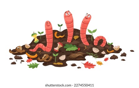 Cartoon compost worms. Isolated vector earthworms in organic garbage heap with leftovers and growing plants. Cute worm characters working in garden soil. Funny invertebrate personages recycling food