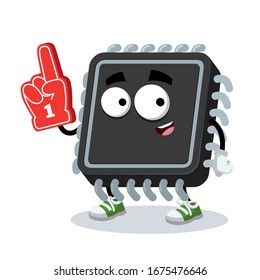 Zwei Finger-Sieg-Zeichen-Cartoon Computer-Cpu Hardware-Mikrochip-Figur