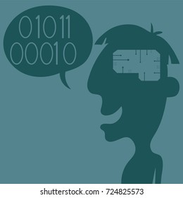 cartoon computer geek with brain chip 