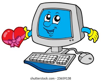 Cartoon computer with heart - vector illustration.