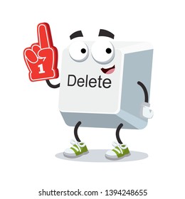 cartoon computer key button delete character mascot with the number 1 one sports fan hand glove on a white background