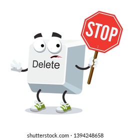 cartoon computer key button delete mascot with tablet stop in hand on white background