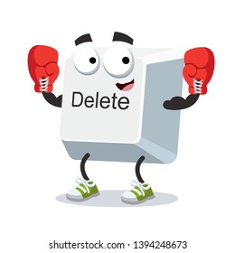 cartoon computer key button delete mascot in red boxing gloves on white background