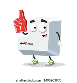 cartoon computer key button Enter character mascot with the number 1 one sports fan hand glove on a white background