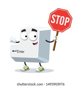 Cartoon Computer Key Button Enter Mascot With Tablet Stop In Hand On White Background