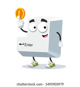 cartoon computer key button Enter mascot keeps the coin on white background