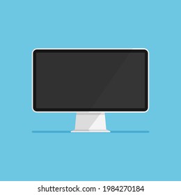 Cartoon computer monitor. Empty or blank screen display isolated on blue background. Mock up of equipment for office. Vector illustration in trendy flat style.