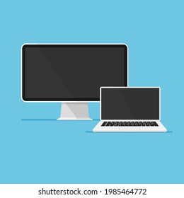 Cartoon computer monitor and open laptop. Empty or blank screen display isolated on blue background. Mock up of equipment for office. Vector illustration in trendy flat style