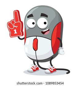 cartoon computer mouse character mascot with the number 1 one sports fan hand glove on a white background