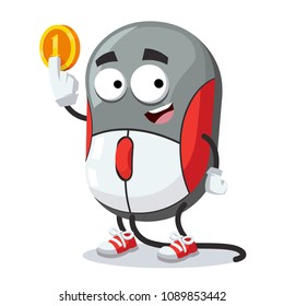 cartoon computer mouse mascot keeps the coin on white background