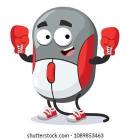 cartoon computer mouse mascot in red boxing gloves on white background