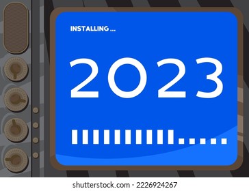 Cartoon Computer With the number 2023. Message of a screen displaying an installation window.