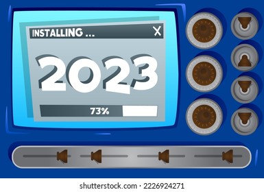Cartoon Computer With the number 2023. Message of a screen displaying an installation window.