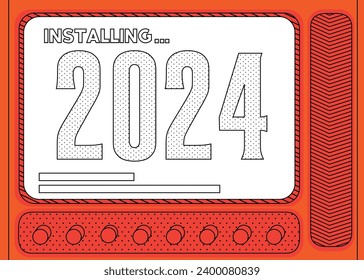 Computadora de dibujos animados con el número 2024. Mensaje de una pantalla que muestra una ventana de instalación.