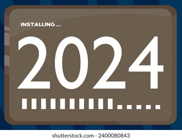 Cartoon Computer With the number 2024. Message of a screen displaying an installation window.