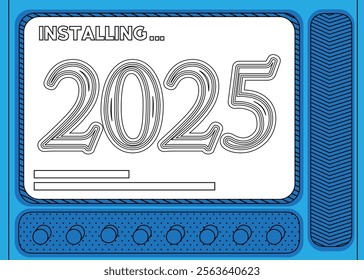 Cartoon Computer With the number 2025. Message of a screen displaying an installation window.