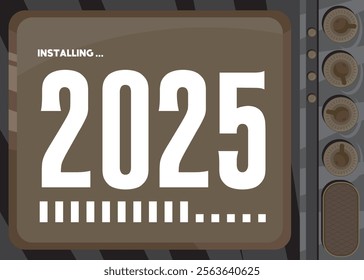 Cartoon Computer With the number 2025. Message of a screen displaying an installation window.