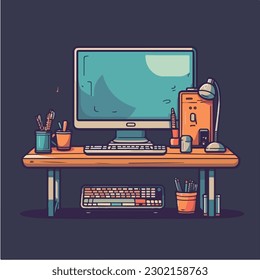 A cartoon of a computer on a desk.