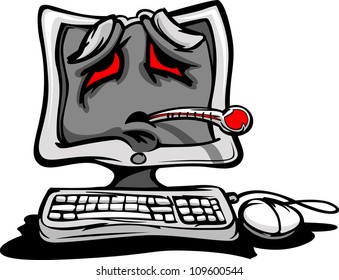 Cartoon Computer with Sick Face and Thermometer as though having a Software Virus or Bug Vector Illustration