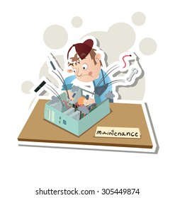 Cartoon computer technician repairing computer.