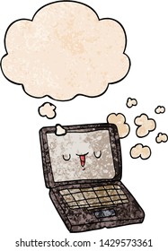 cartoon computer with thought bubble in grunge texture style