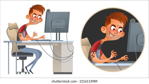 A Cartoon Computer Troll (or Maybe A Hacker) Enjoying His Work With A Sinister Smile. Vector Illustration. Оn A Dark Background And Isolated On White. 