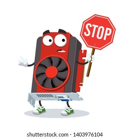 cartoon computer video graphics card mascot with tablet stop in hand on white background