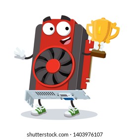 cartoon computer video graphics card mascot holds the number one cup on white background