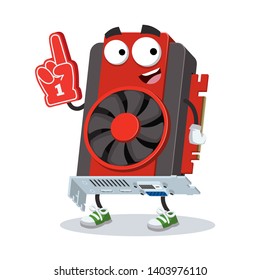 cartoon computer video graphics card character mascot with the number 1 one sports fan hand glove on a white background