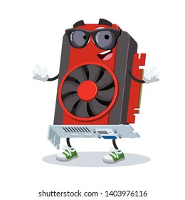 cartoon computer video graphics card character mascot in black sunglasses on a white background