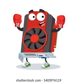 cartoon computer video graphics card mascot in red boxing gloves on white background