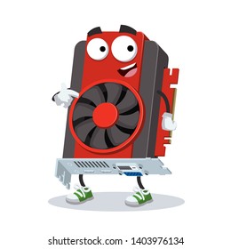 cartoon computer video graphics card mascot showing himself on a white background