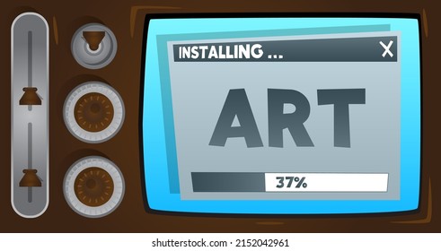 Cartoon Computer With The Word Art. Message Of A Screen Displaying An Installation Window.