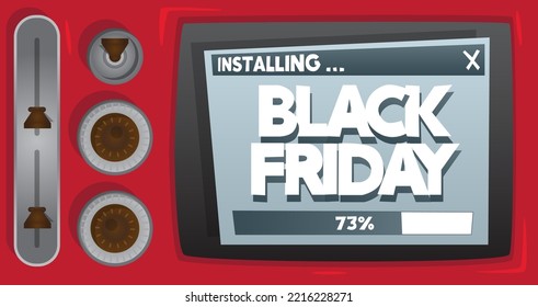 Cartoon Computer With the word Black Friday. Message of a screen displaying an installation window.