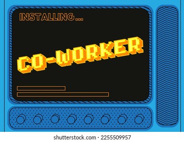 Cartoon Computer With the word Co-worker. Message of a screen displaying an installation window.