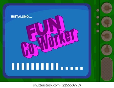 Cartoon Computer mit dem Wort Fun Co-Mitarbeiter. Meldung eines Bildschirms, auf dem ein Installationsfenster angezeigt wird.