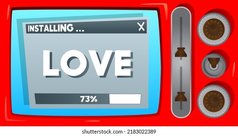 Cartoon Computer mit dem Wort Liebe. Meldung eines Bildschirms, auf dem ein Installationsfenster angezeigt wird.