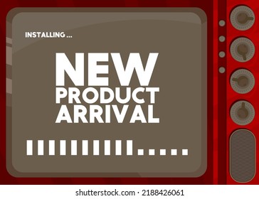 Cartoon Computer With the word New Product Arrival. Message of a screen displaying an installation window.