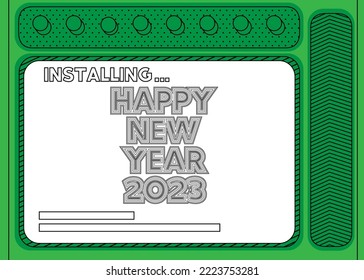 Cartoon Computer With the word New Year. Message of a screen displaying an installation window. Holiday greeting card. Abstract vector illustration.