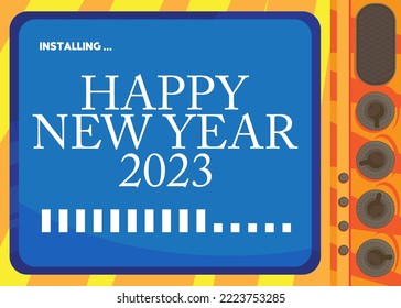 Cartoon Computer With the word New Year. Message of a screen displaying an installation window. Holiday greeting card. Abstract vector illustration.