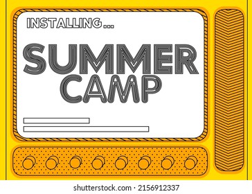 Cartoon Computer mit dem Wort Summer Camp. Meldung eines Bildschirms, auf dem ein Installationsfenster angezeigt wird.