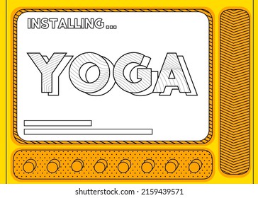 Computadora de dibujos animados con la palabra yoga. Mensaje de una pantalla que muestra una ventana de instalación.