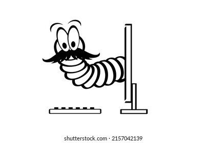 Cartoon computer worm with moustache or beard. Network, malware crawling worm and infect computers files. Vector crawl or creep earthworm. Worms, insect, arth worm mascot. 