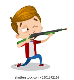 Cartoon concentrated cute boy practicing sports shooting with rifle. Hobby and childhood concept. Isolated on white background