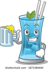 A cartoon concept of blue hawai cocktail with a glass of beer